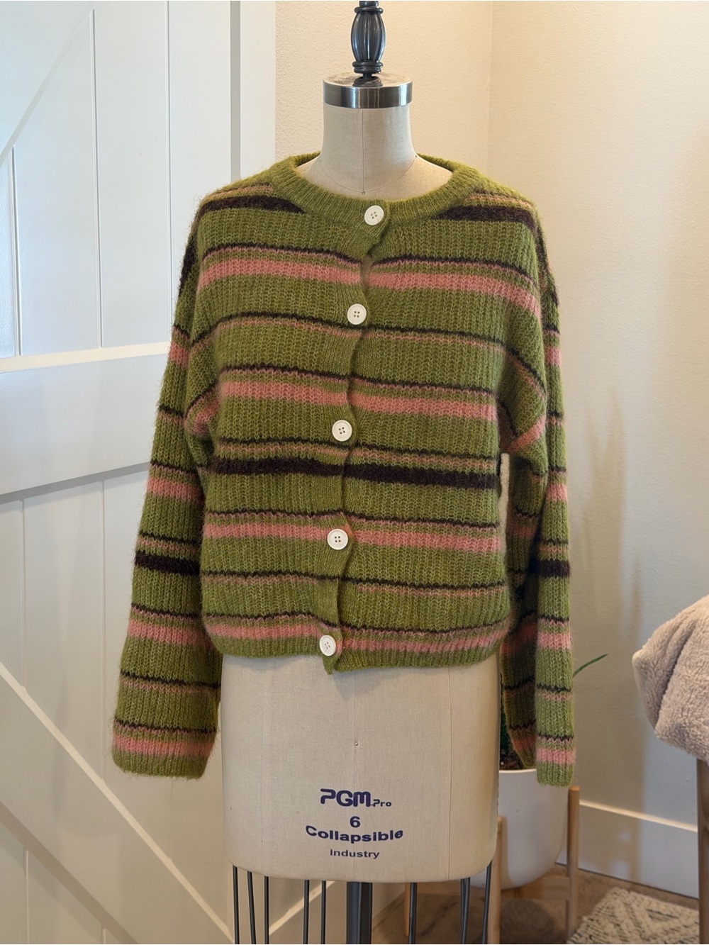 Striped Olive & Pink Button-Front Women's Cardigan vintage